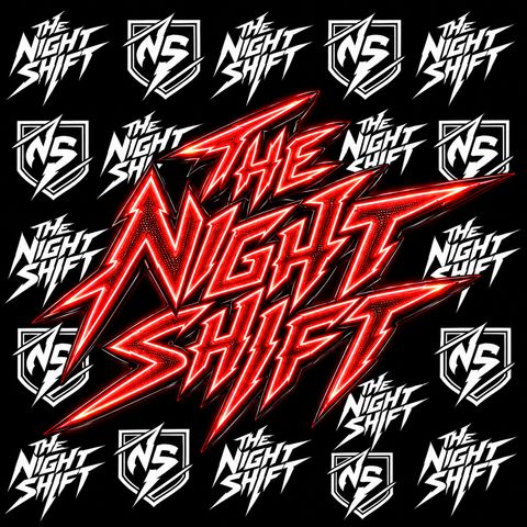 The Night Shift neon red logo surrounded by white logos and NS shield badges