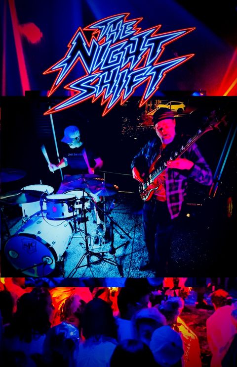 The drummer and bass player of The Night Shift under neon stage lights, with the crowd below